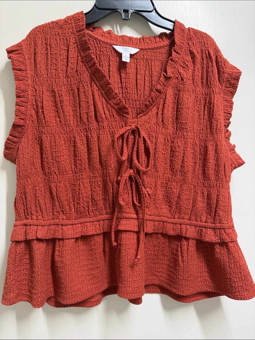 Time and Tru Rust Textured Tie-Front Ruffle Tank